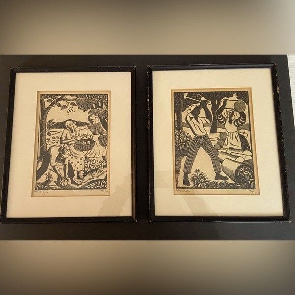 Pair of 1940s Jamaican Woodcuts by Albert Huie Titled & Signed Framed - Picture 3 of 8